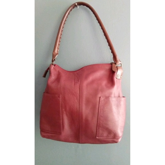 Leather Shoulder Bag with Pockets Braided Handle Burgundy Maroon - Picture 3 of 5